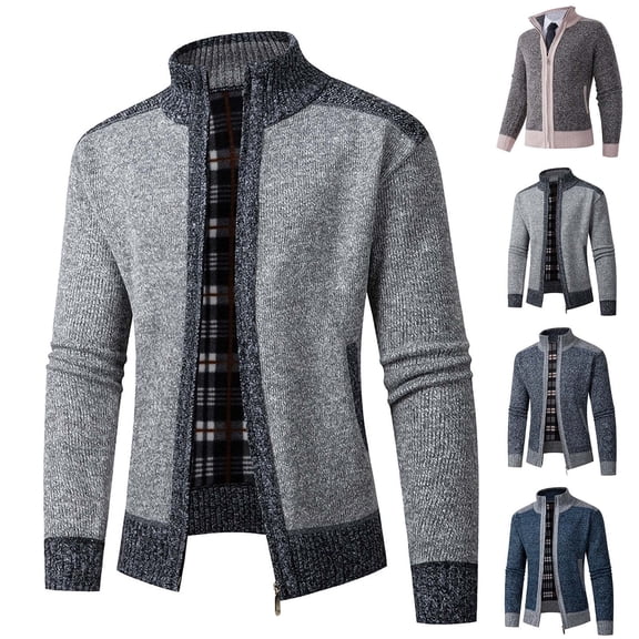 RYDCOT Cardigan Sweaters for Men Full Zip Fleece Lined up Stand Collar Slim Fit Knitted Cardigan Sweater with 2 Front Pockets Navy
