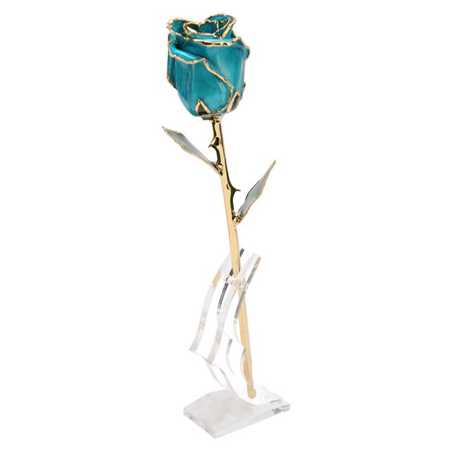 Rosa bañada en oro de 24 quilates Sincero decorativa con soporte azul cielo