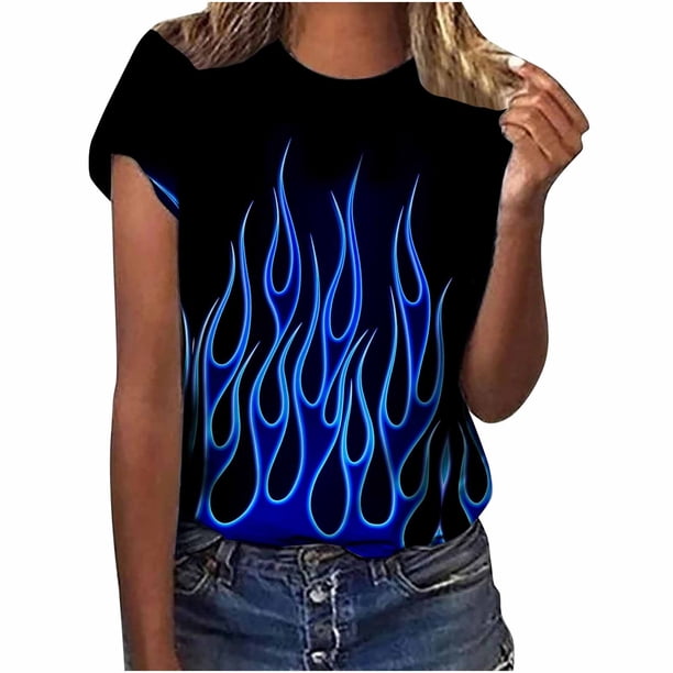 Blusa de manga corta con cuello redondo y estampado de llamas para mujer Pompotops hkajfhjk460423