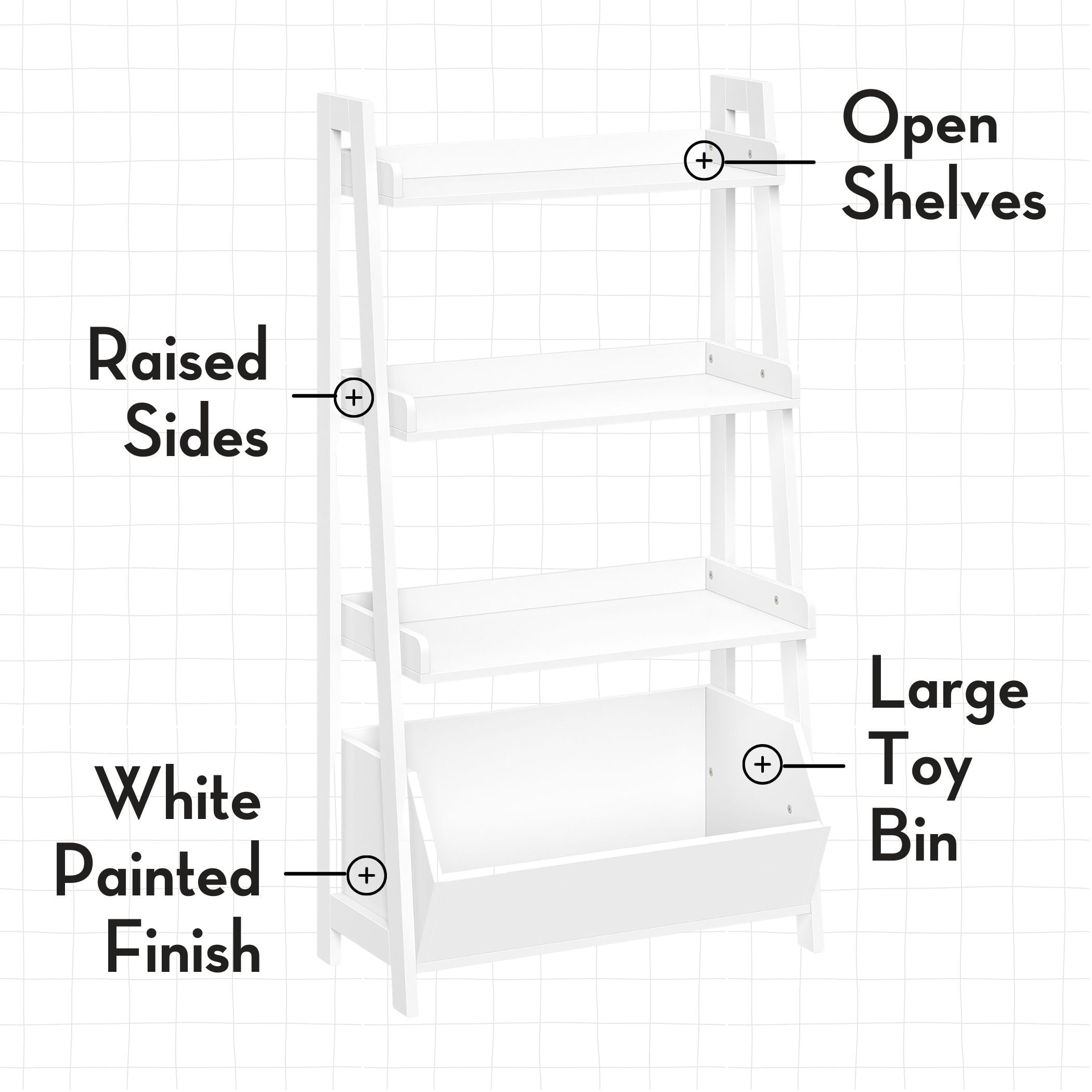 RiverRidge Kids 24in 4-Tier Ladder Shelf Toy Organizer, Book Storage, and 2 Taupe Bins