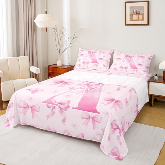Castle Fairy Personalized Initial A Twin Sheet Sets,Kawaii Pink Ribbon Bow Bedding