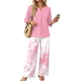 thumbnail image 3 of Vintage Sunflower Sketch Print Two Piece Set for Women, 3/4 Sleeve Button Down Top & Wide Leg Pants - Boho Casual Lounge Outfit with High Waist Trousers Pink XL, 3 of 7