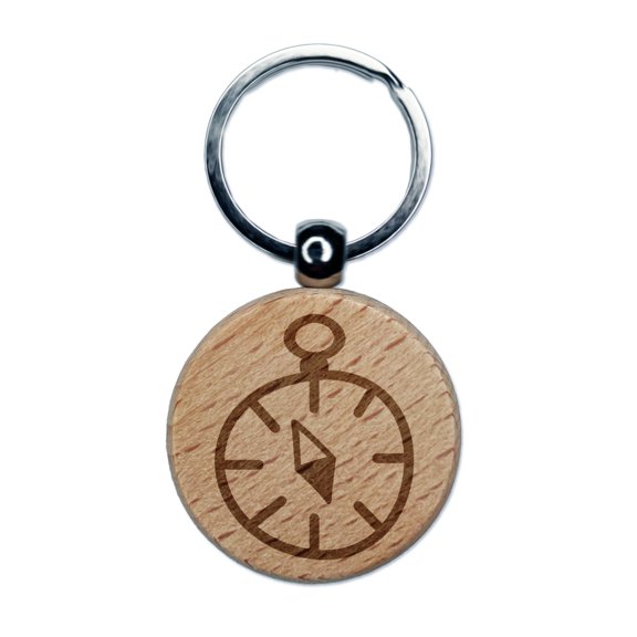 Compass Doodle Round Keychain Charm Tag - Engraved Wood