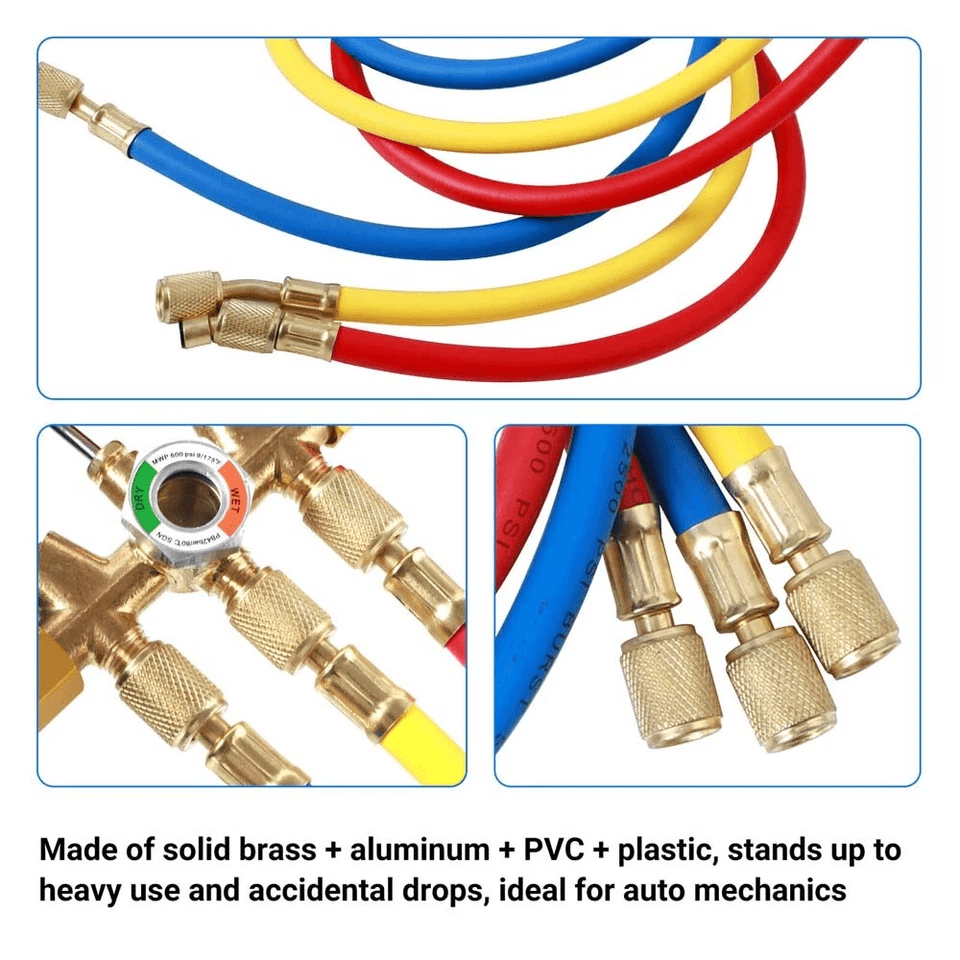 HVAC Manifold Gauge, Car Refrigerant Recharge Leak Double Meter, Air Conditioning Fluorine Adding Tool W/ 1/4 Connectors 3-Color 35" Hose Support 500psi Working Pressure