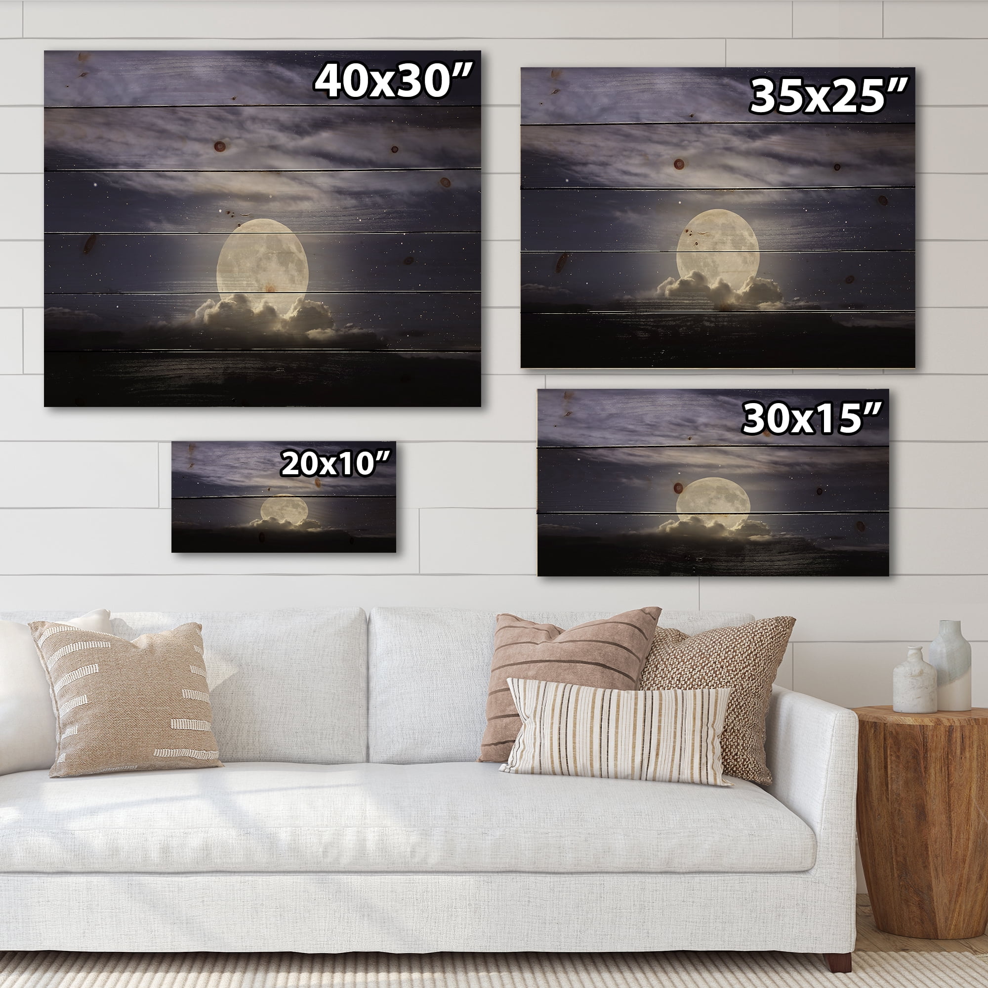 Designart 'Full Moon Rising In A Cloudy Night Sky' Nautical & Coastal Print on Natural Pine Wood