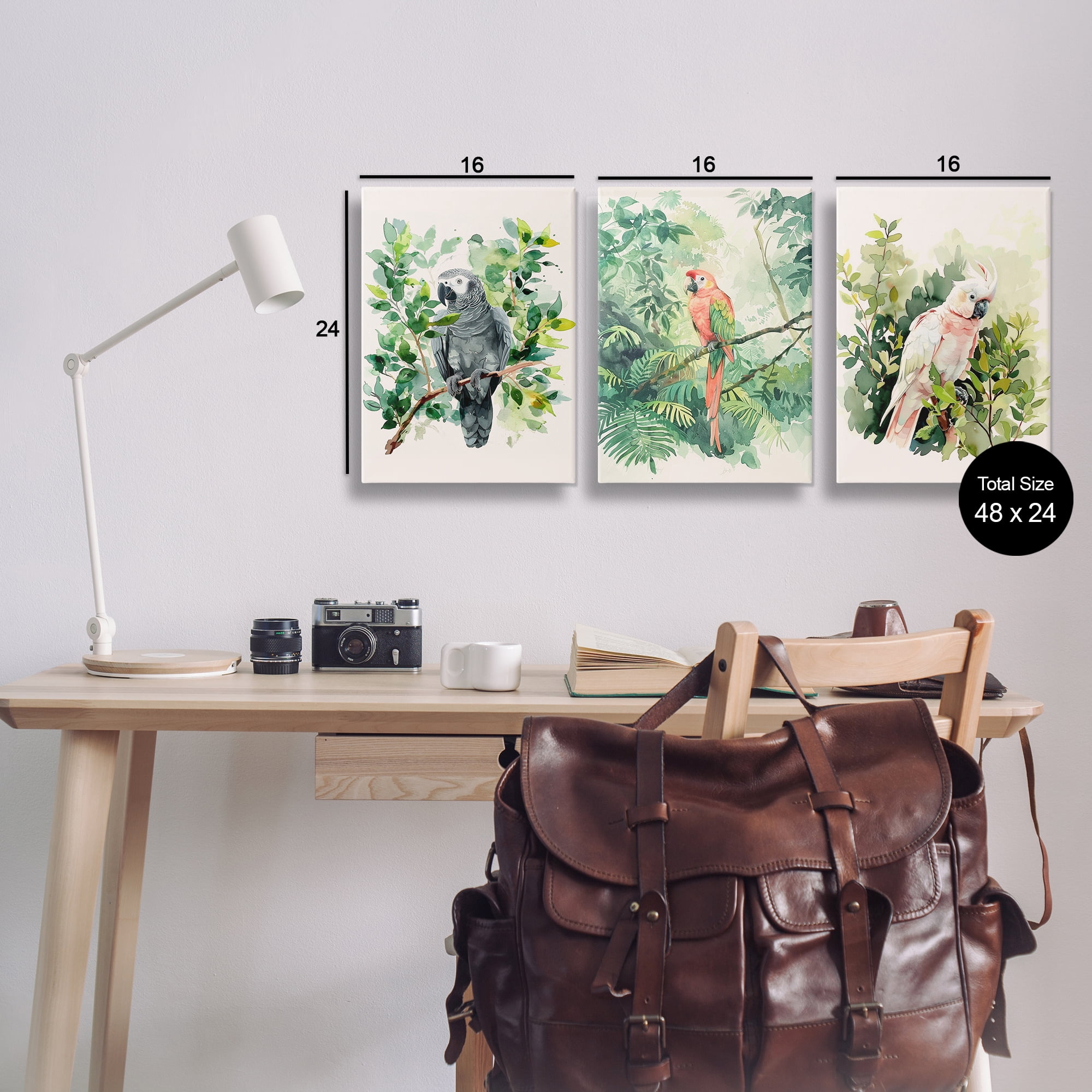 Stupell Industries Tropical Parrots in Jungle Animals Painting Wrapped Canvas Art Print Wall Art, 16 x 24, Set of 3