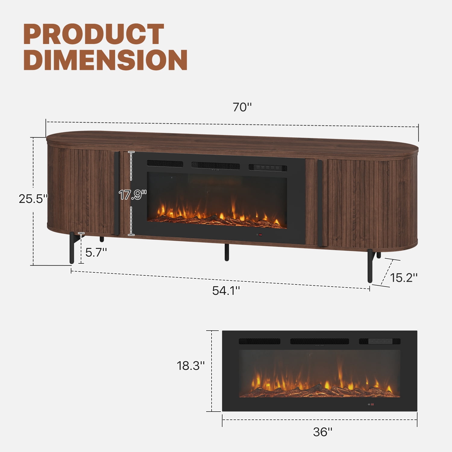 Sonegra 70" Fireplace TV Stand, Modern Entertainment Center for TVs Up to 80", TV Console Table for Living Room, Media Cabinet with Storage,70 Inch, Brown