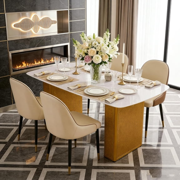 Luxurious modern rectangular dining table: tempered glass tabletop with gold double-leg base, a striking choice for the dining room or home office
