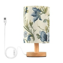 Blue with Flowers Bedside Table Lamp LED Warm Lights with USB Charging Port Retro Cylinder Desk Lamps