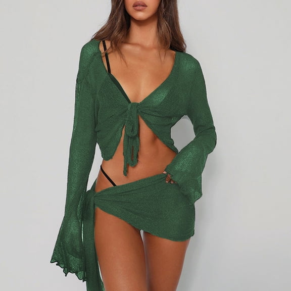 Conairie Swimsuit Coverup For Womens 2 Piece Mesh Sheer Long Sleeve Tops And Mini Skirt Cover Up Sets Summer Beach Bathing Suit Vacation Outfits Green L