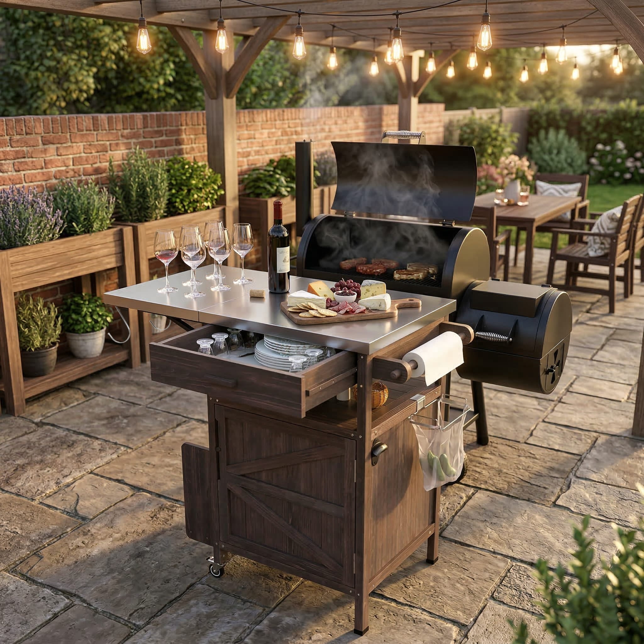 Homy Casa Outdoor Grill Cart with Drop Leaf, Rolling BBQ Prep Table and Patio Storage Cabinet, Brown