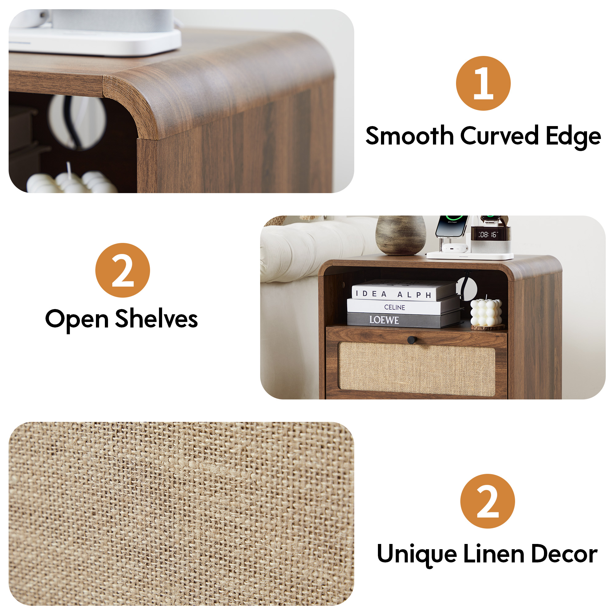 YOCWO Farmhouse Nightstand with Charging Station and Drawers for Bedroom, Linen Bedside Table with Drawers, Walnut