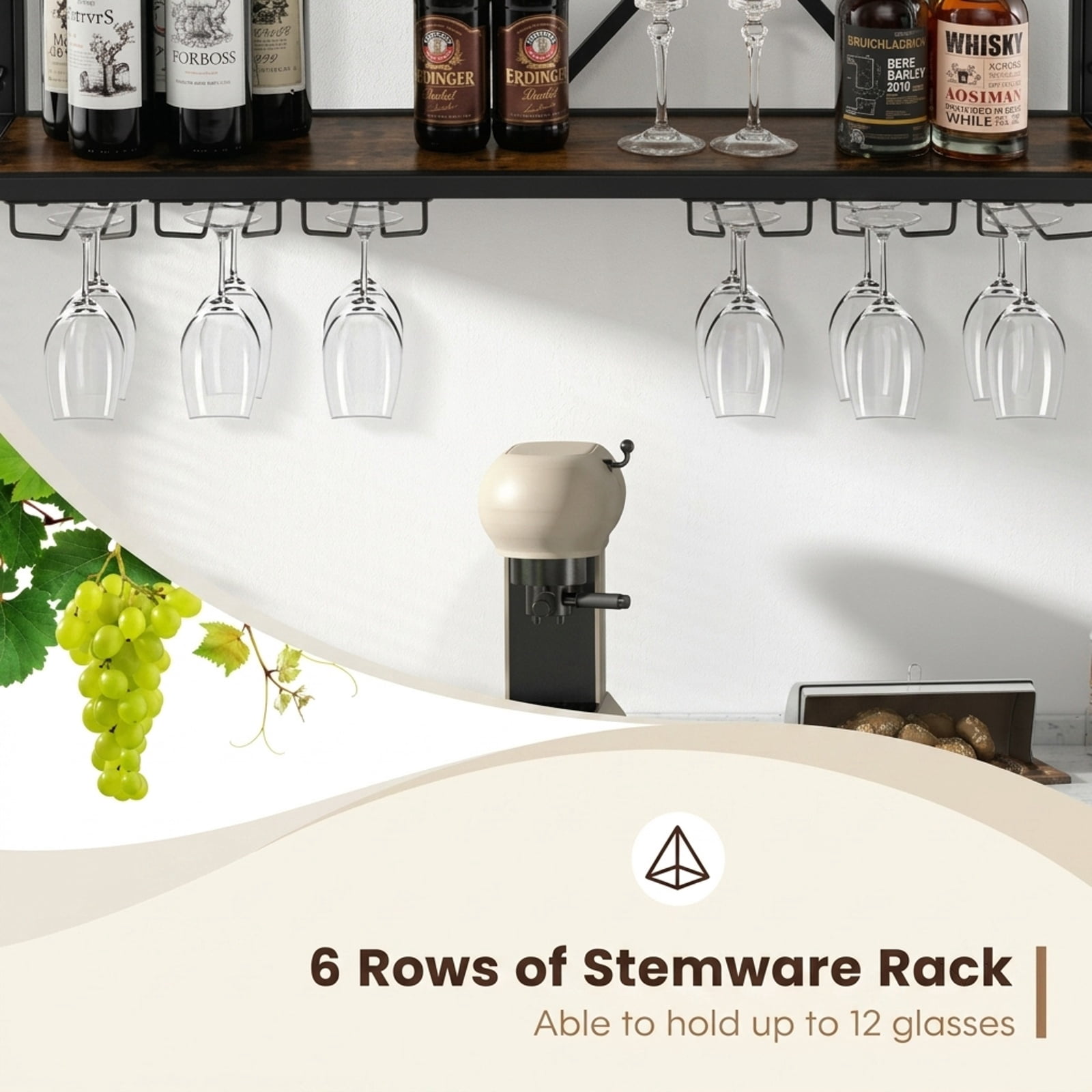 RUIE Wall Mounted Wine Rack for 39 Bottles and 12 Glasses, Metal Wood Hanging Wine Bottle Holder with Stemware Rack for Kitchen - Rustic Brown Black