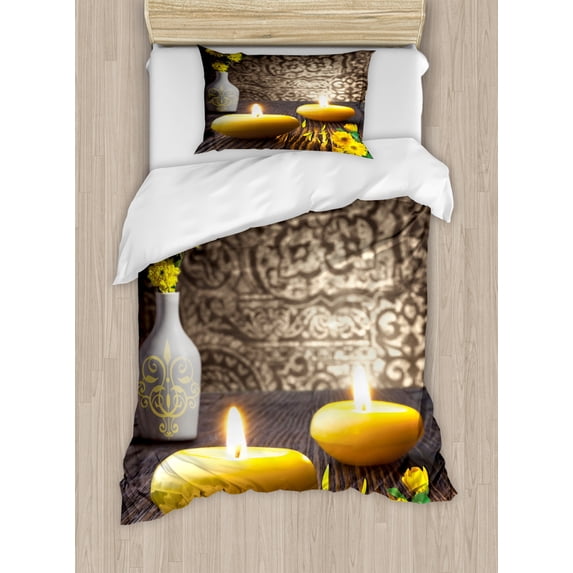 Zen Duvet Cover Set Twin Size, Oriental Meditative Candles on a Wooden Board with South East Asian Motifs in Backdrop, Decorative 2 Piece Bedding Set with 1 Pillow Sham, Multicolor, by Ambesonne