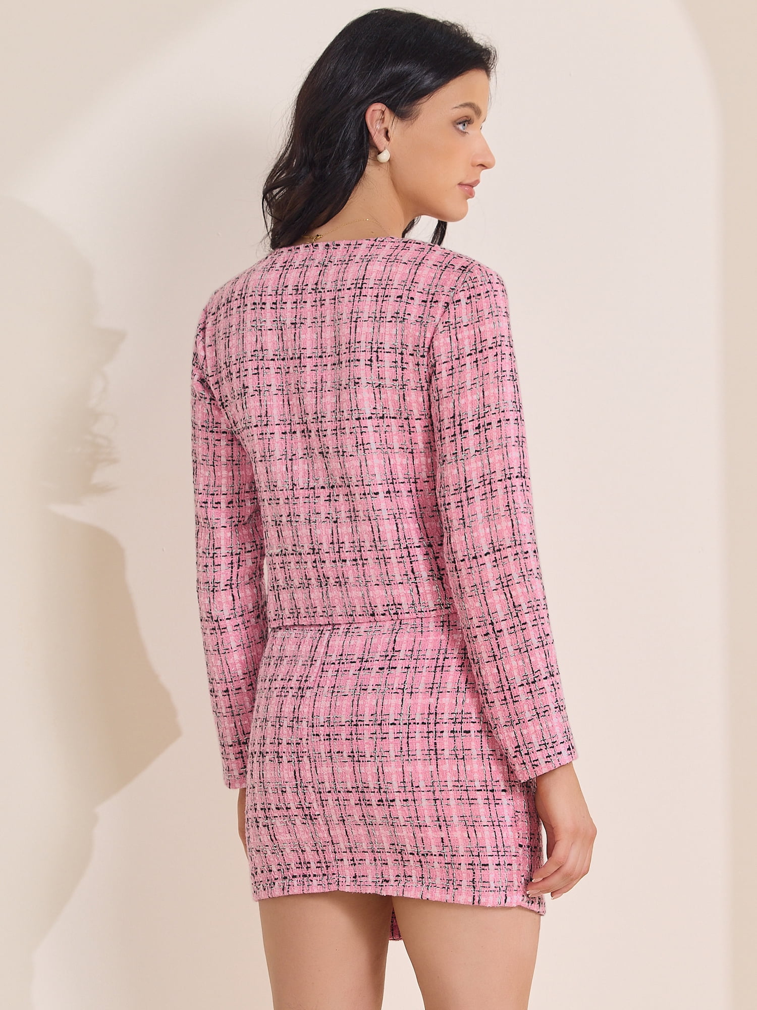 DARING DIVA Women's 2 Piece Tweed Blazers Button Down Jacket Mini Skirt Set S Pink