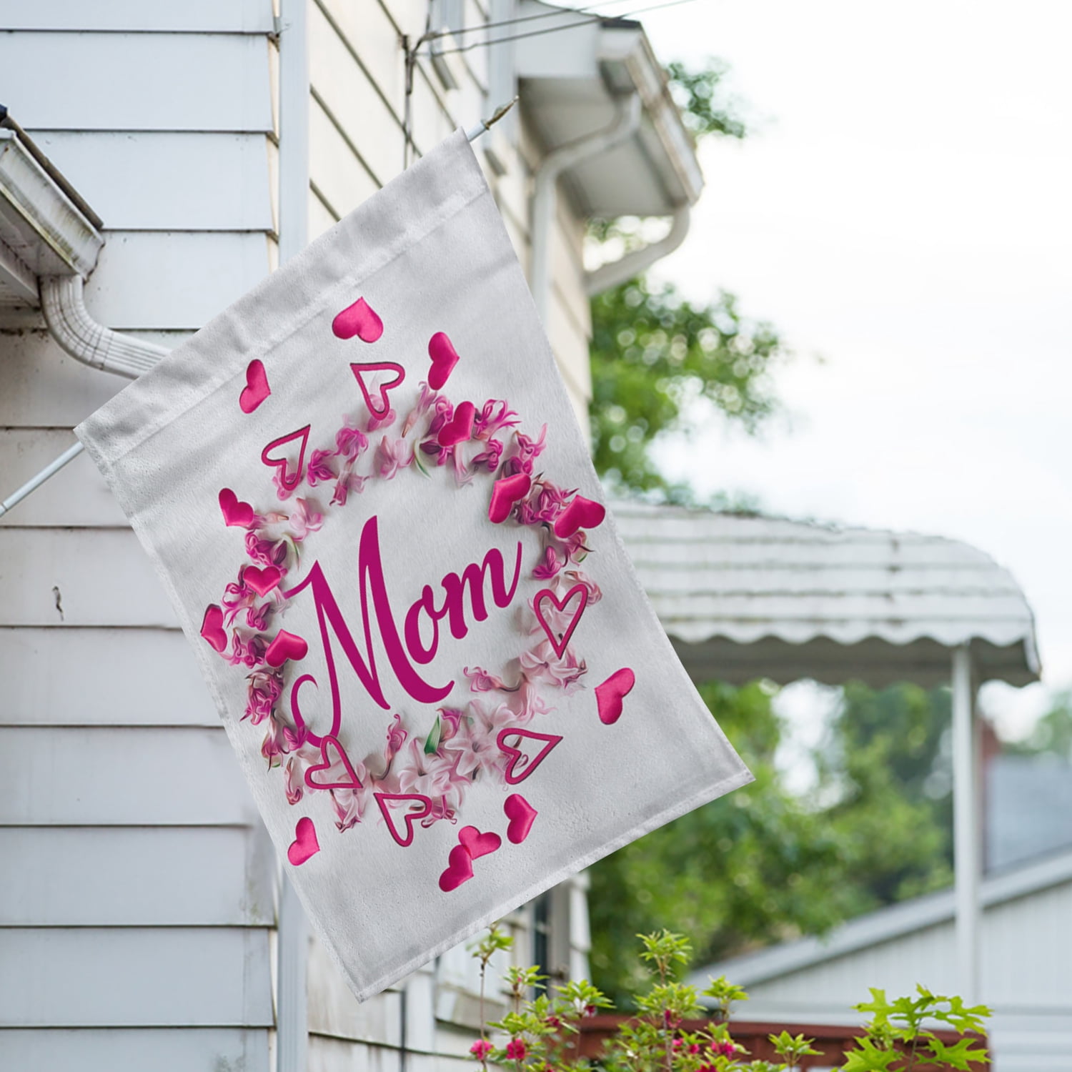 America Forever Happy Mother's Day Floral House Flag 28 x 40 inches Hearts Double Sided Holiday Seasonal Yard Outdoor Decorative Pink Flower Wreath Love You Mom Flag