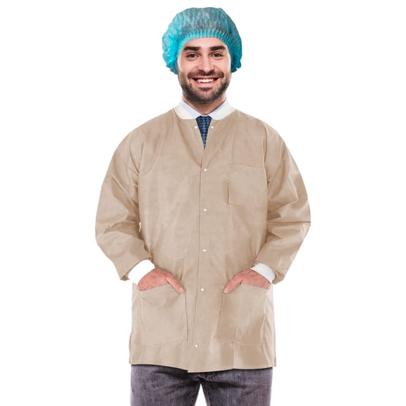 Disposable Lab Jackets SMS 50 GSM Tan 100 count Medium 30 in Long with Snap Front and 3 Pockets