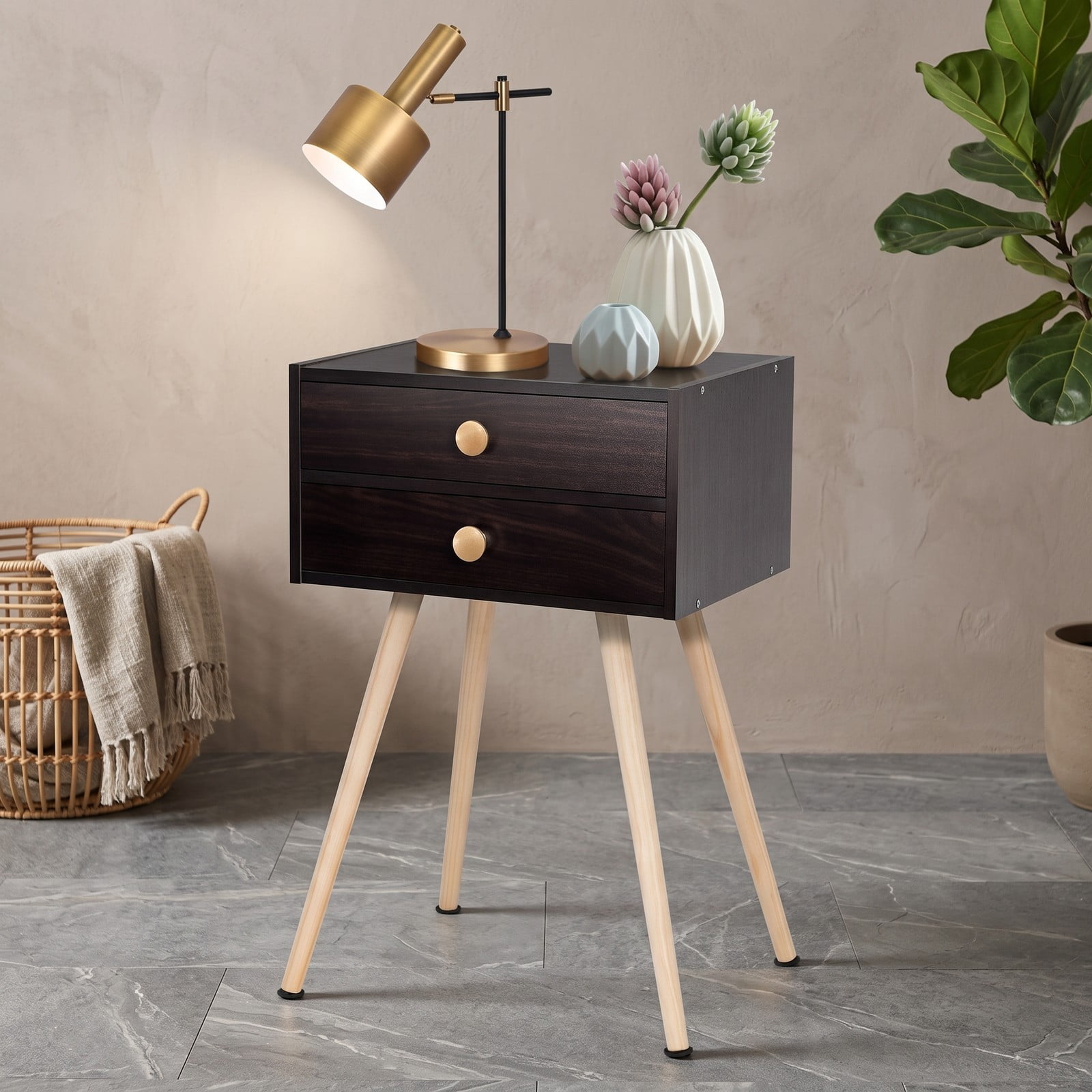 Furnibear Mid Century 2-Drawer Nightstand with Angled Solid Wood Legs and Anti-Tipping Kit for Bedroom and Living Room, Espresso