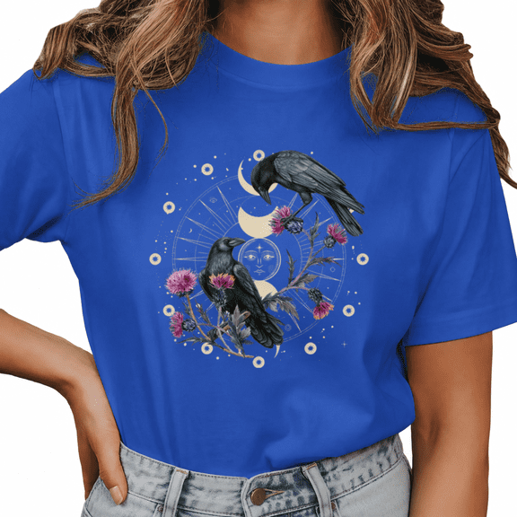 Giffimy Women's Blue Mystical Raven Graphic Short Sleeve T-Shirt Soft Cotton Crewneck Top