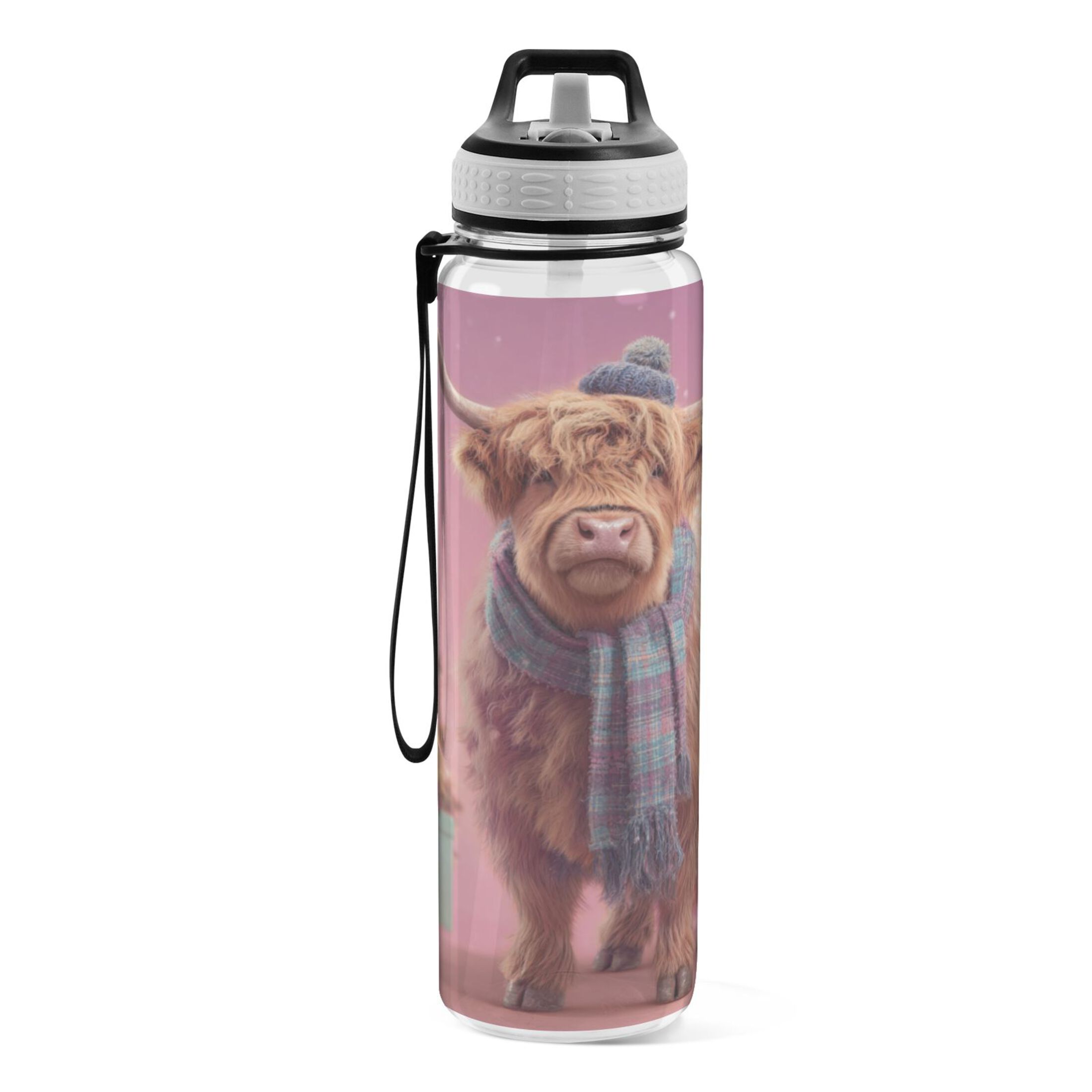 1000ML Transparent Sports Water Bottle with Handle & Straw Portable Water Bottle for Outdoor Camping Gym Cow Wearing Christmas