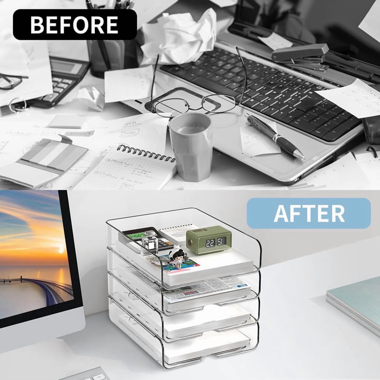 4-Tier Paper Organizer for Desk, Stackable Desk Organizer Paper Tray