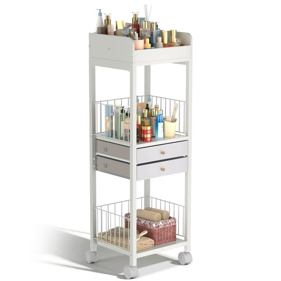 Makeup Organizer Cart, Rolling Floor Skincare Organizer and Storage with 2 Drawers, Makeup Vanity Organizer Cosmetics Display Cases Holder for Skin Care, Perfume, Makeup Brush, Nail Polish, Hair Tool