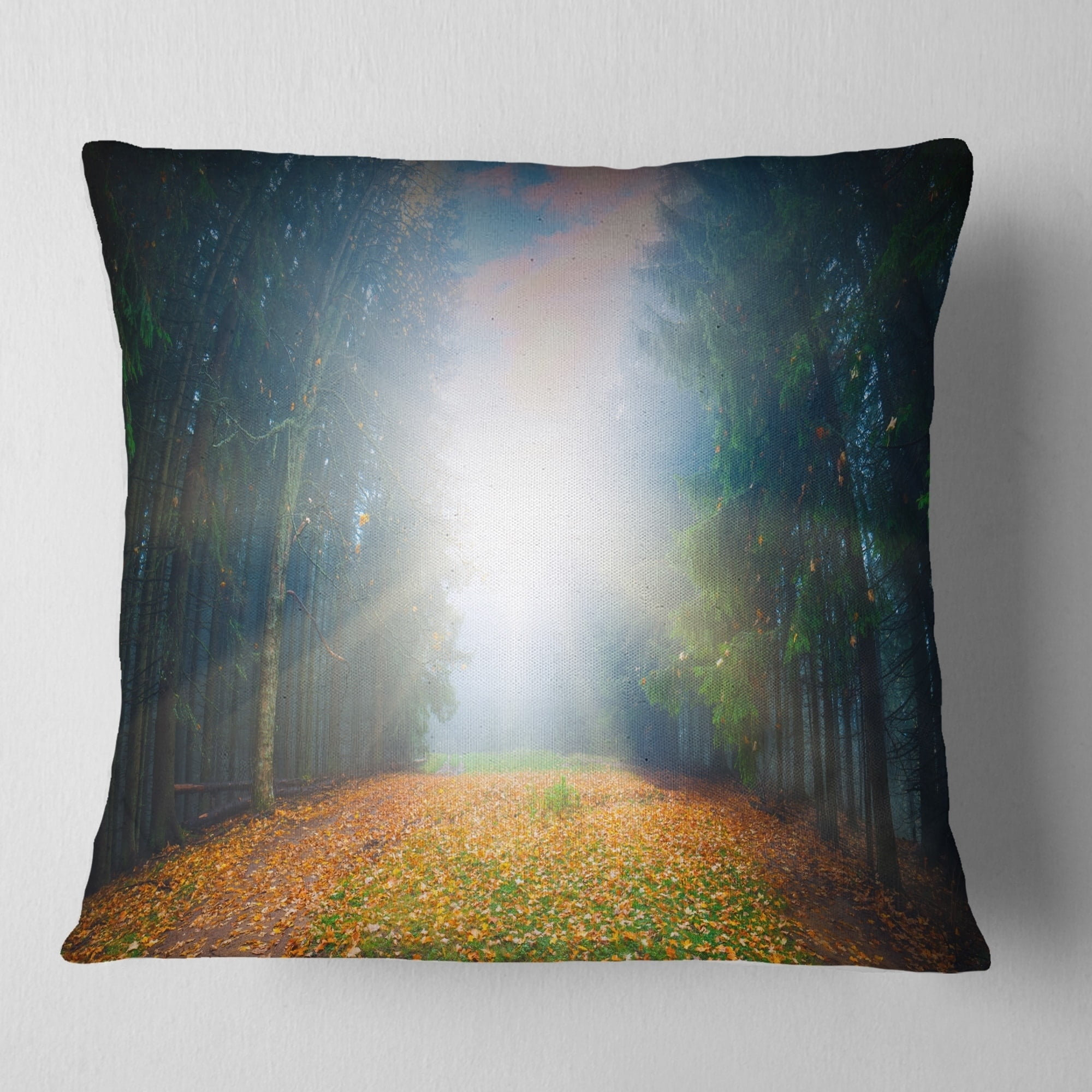 Sofa Throw Pillow 26 x 26 Designart CU9717-26-26 Rising Sun Over Colorful Forest Landscape Photo Cushion Cover for Living Room