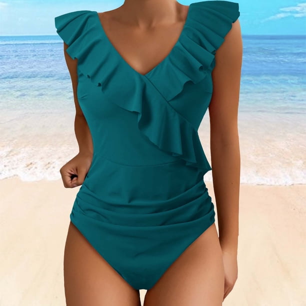 WILLBEST Traje de Baño Mujer Dos Piezas Trajes de Baño para Mujer Traje de Baño Lindo Traje de Baño con Cuello En V con Volantes