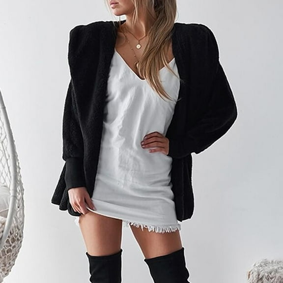 Lilgiuy Women's Autumn/Winter Solid Color Lapel Long Sleeve Cardigan Plush Hooded Jacket Tops Black，6 Dresses for 2022