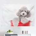 thumbnail image 1 of Poodle Tapestry, Sunflower and Dog on a Wooden Background, Fabric Wall Hanging Decor for Bedroom Living Room Dorm, 2 Sizes, Pale Brown Marigold, by Ambesonne, 1 of 1