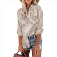 thumbnail image 2 of Camisas A Rayas con Botones para Mujer, Blusas Casuales de Larga con Cuello en V y Bolsillos Caqui XL, 2 of 7