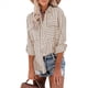 thumbnail image 2 of Camisas A Rayas con Botones para Mujer, Blusas Casuales de Larga con Cuello en V y Bolsillos Caqui M, 2 of 7