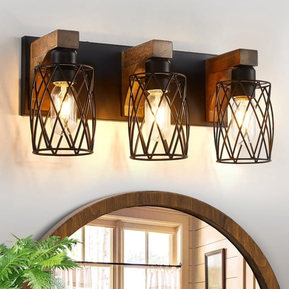 3-Light Wall Sconce, Black Metal Cage Fixture, Vintage Industrial Style for Bathroom/Hallway/Living Room, Bulbs Not Included
