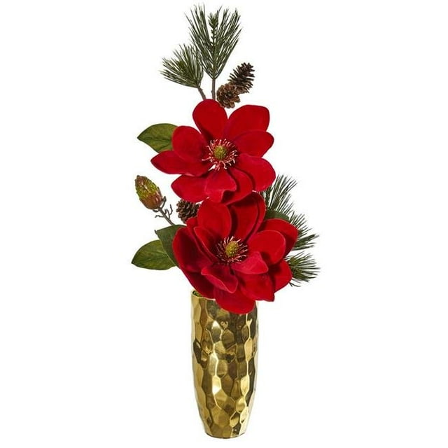 Nearly Natural 1922 Magnolia & Pine Artificial Arrangement in Gold Vase