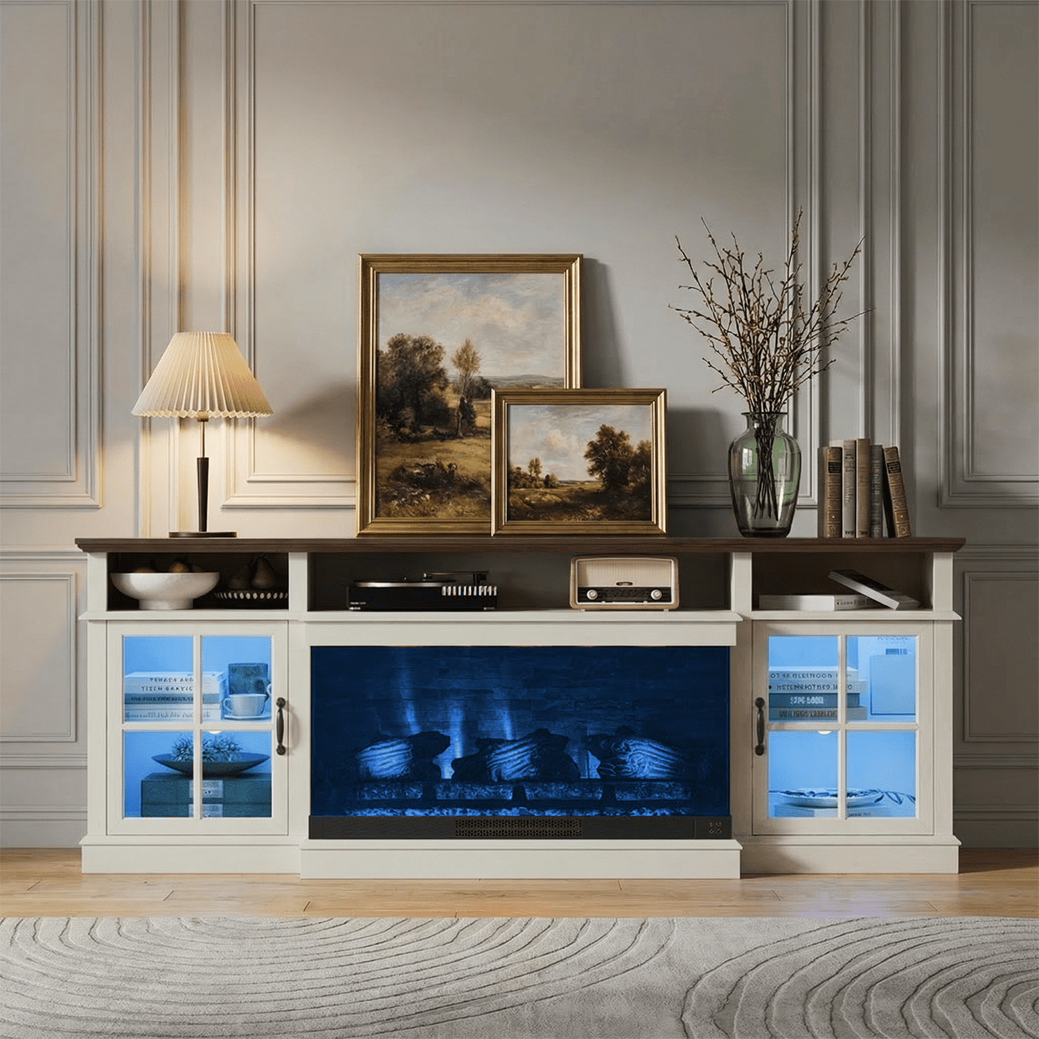 BaPiPro 70" Farmhouse Fireplace TV Stand for TVs Up to 80", Entertainment Center with 3-Sided 36" Electric Fireplace & LED Lights, 2 Drawers & 2 Storage Cabinet, White
