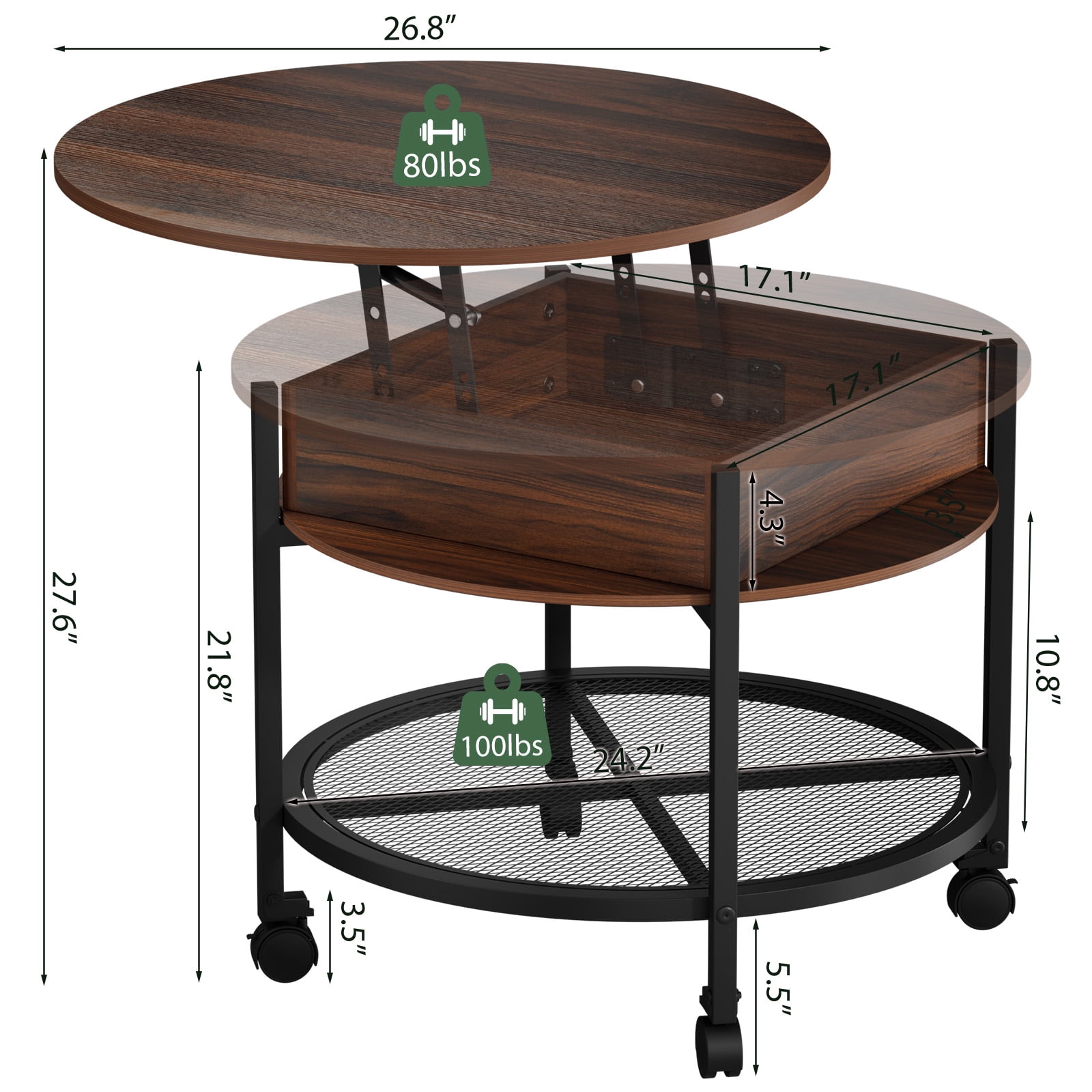Ktaxon Mid-Century Coffe Table with Lift Top, 26.7" Round Coffee Table with RGB, Storage and Rolling Wheels, Modern Center Table for Small Spaces, Rustic Brown