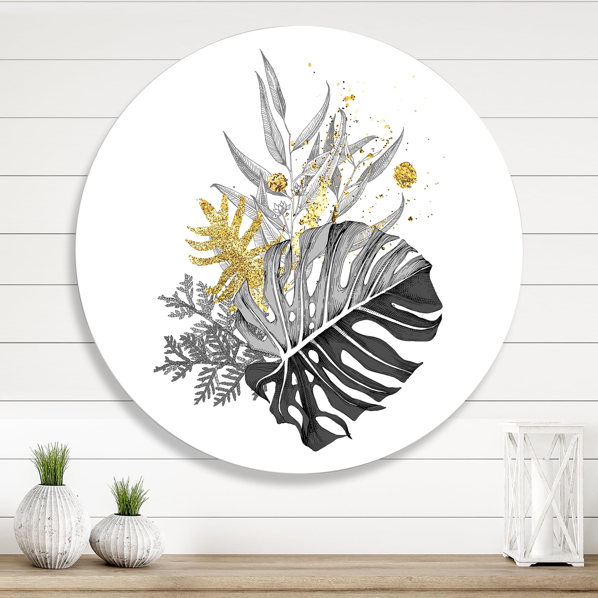Designart 'Bouquet With Golden Tropical Leaves and Monochrome' Tropical Circle Metal Wall Art 11x11 - Disc of 11