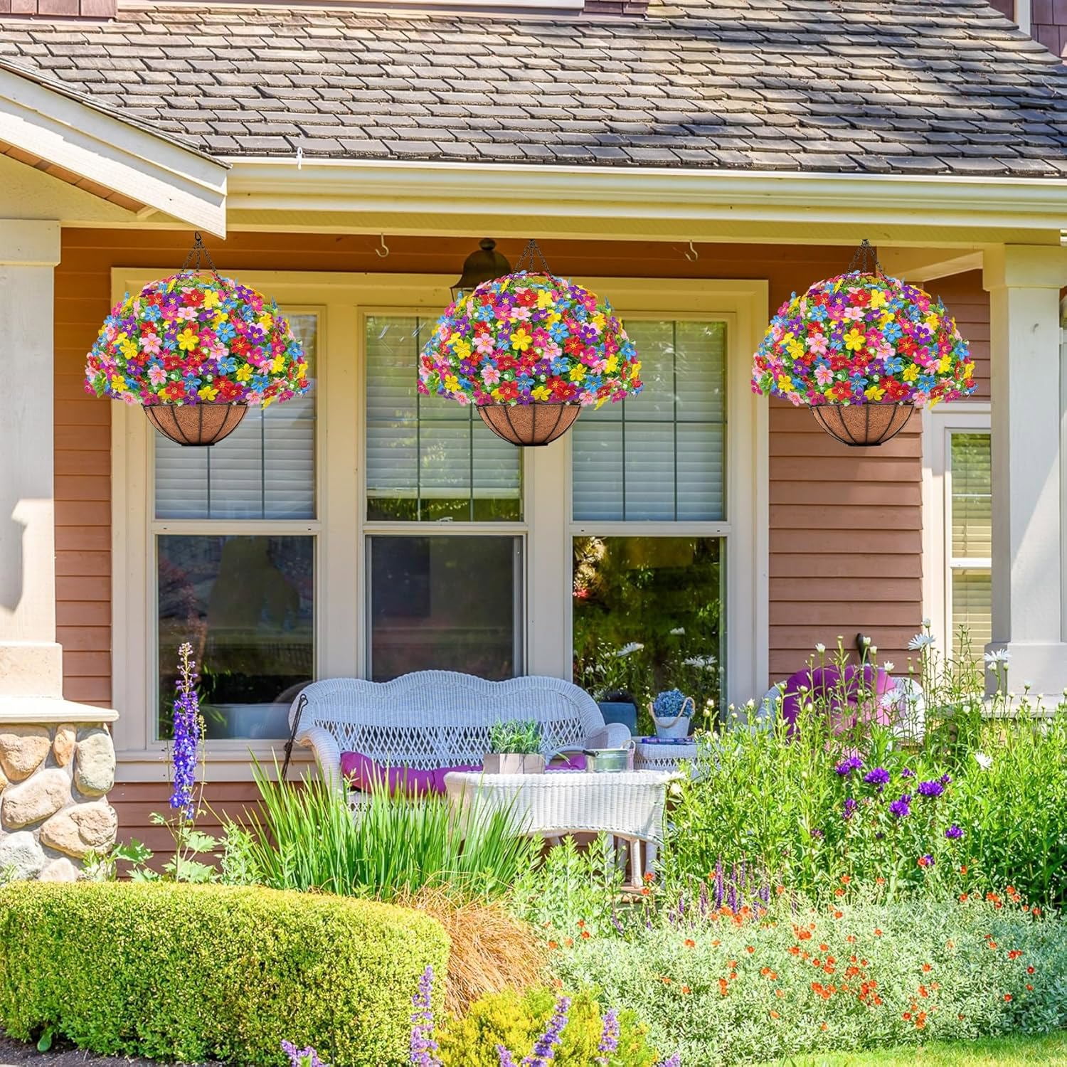Artificial Hanging Plants Flowers with Basket for Spring Summer Outdoor Decoration, Fake Flowers UV Resistant with Hanging Planter for Front Porch Patio Garden Yard Home Decor, Multicolor