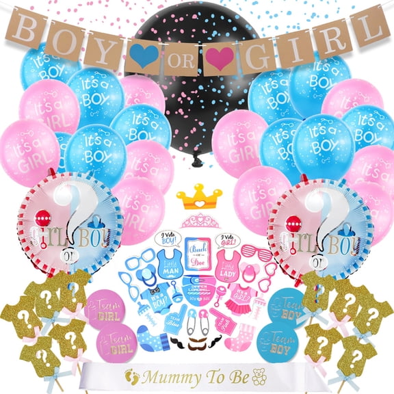 90  Pcs Gender Reveal Party Decorations Kit, Boy or Girl Gender Reveal Supplies with 36" Reveal Balloon, Pink Blue Balloons, Banner, Photo Props, Cake Toppers, Fringe Curtains for Baby Shower