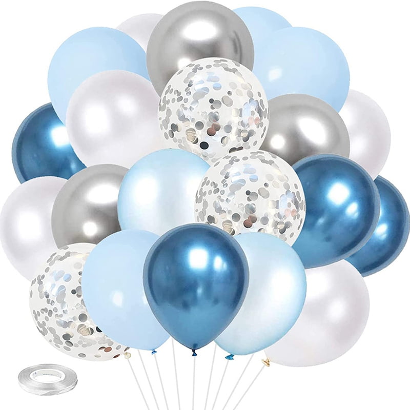 Blue Silver White Balloons Pack of 60, Metallic Blue Silver Birthday
