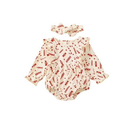 

Niceyoeuk Girl Christmas Candy Cane Print Romper Long Sleeve Jumpsuit Headband
