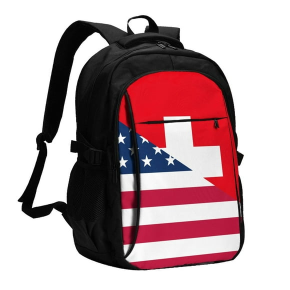 Vsdgher USA Switzerland Print Travel Laptop Backpack, Laptops Backpack with USB Charging Port, Water Resistant Computer Bag Gift for Men & Women