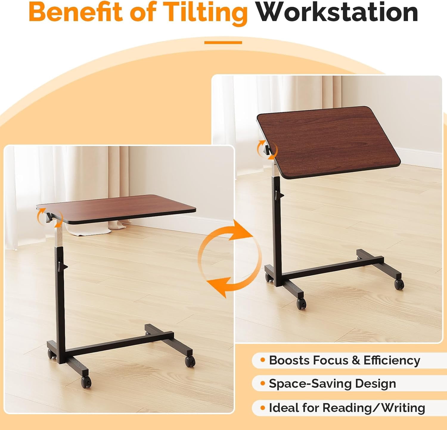 Yunken 23.6 Inch Adjustable Rolling Laptop Desk, Tilting Desktop, Mobile Sit Stand Workstation for Bed Sofa Hospital Reading Eating, (Brown)