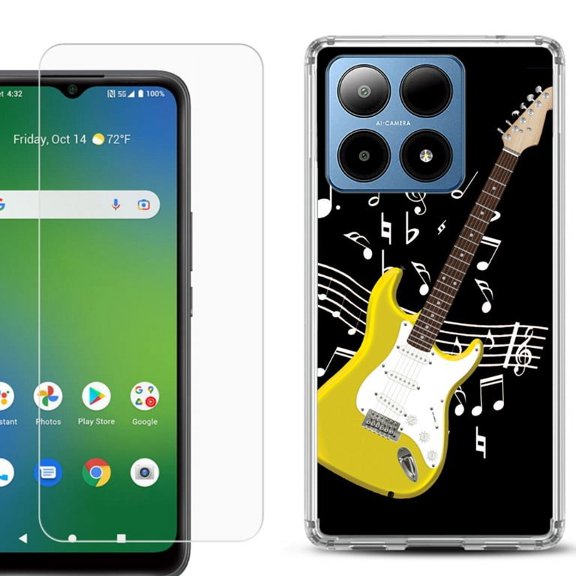 For Boost Mobile Summit 5G Shockproof Phone Case Cover with Tempered Glass Screen Protector, by OneToughShield - Guitar Yellow