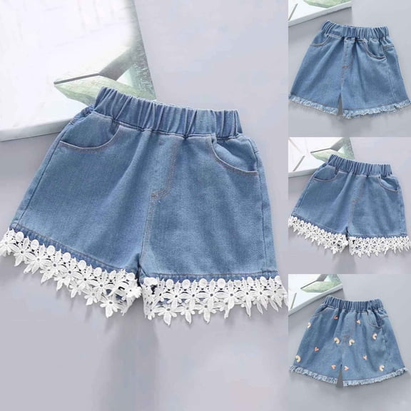 Liyamei Girls Embroidered Denim Shorts with Elastic Waist for Summer Size 2-8,Blue