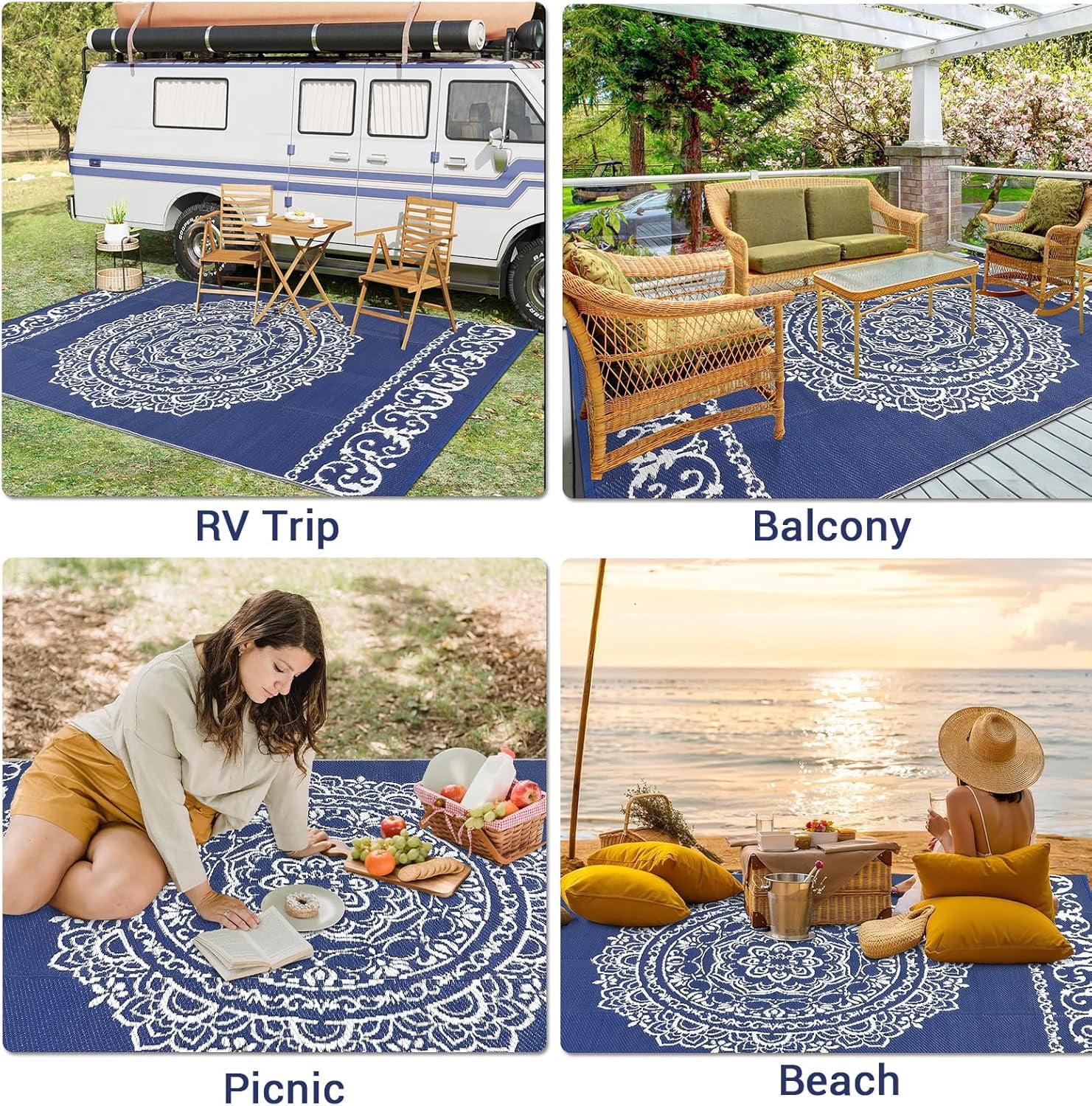 6x6 FT/5x8 FT/8x10 FT/9x12 FT/9x18 FT Outdoor Rug for Picnic Washable Non-Slip Balcony Carpet Vintage Floral Rug Stain-Resistant Easy-Clean Plastic Area Rug for Patio Backyard Farmhouse Beach Camping