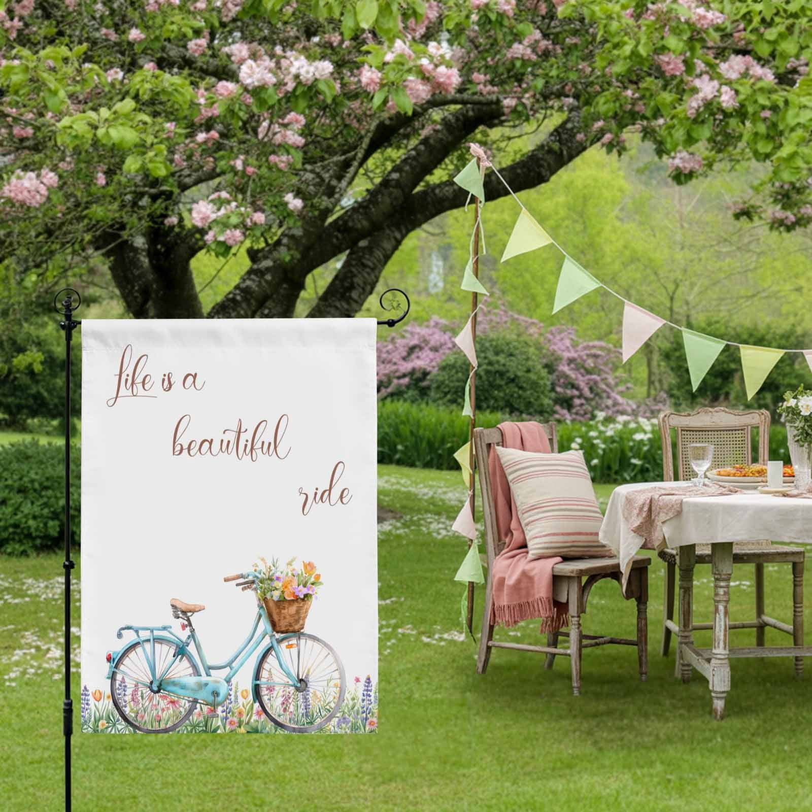 Life Is A Beautiful Ride House Flag 28 x 40 Inches, Pastoral Bikes Flower Field Leaves Weather Proof Outdoor Patio Flags Double Sided Small House Decoration for Yard Lawn Outside Home