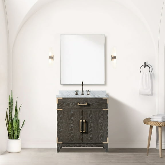 Brown Oak 30 In. W X 22 D Bath Vanity, Marble Countertop & Included 28 H Mirror 30" 22" With Sealed 32