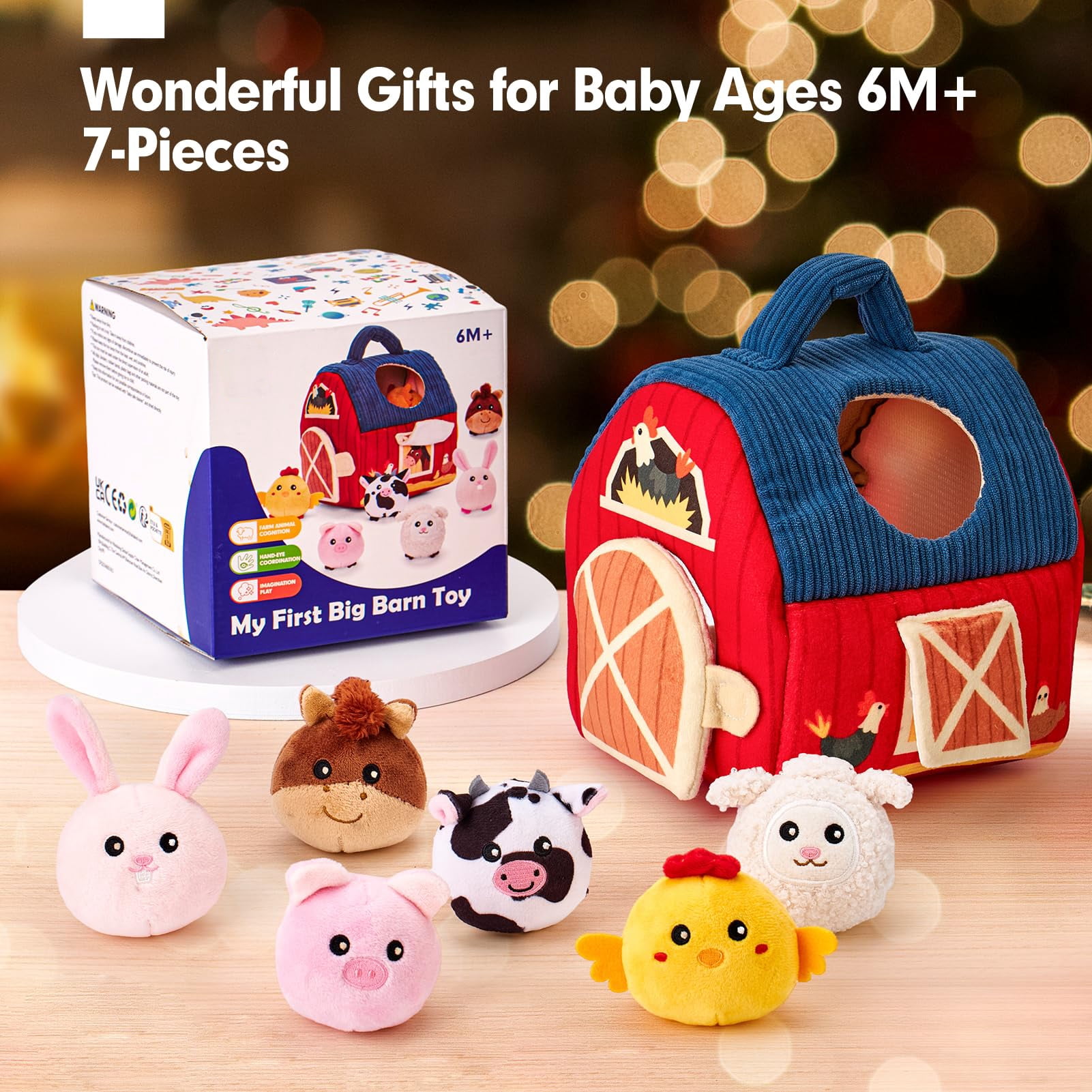 Baby Toys 6-12 Months - Surprise Barn Stuffed Farm Animals, Rattle, Crinkle, Mirror, Montessori Toys for 6 Month Old Sensory Balls 1-3 Plush Baby Valentines Day Gifts Easter Basket Stuffers