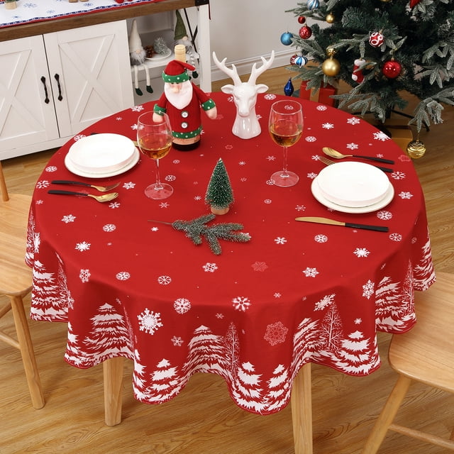 60 Inch Round Christmas Tablecloth, Christmas Table Cloth with Snowflake and Pine Tree Print